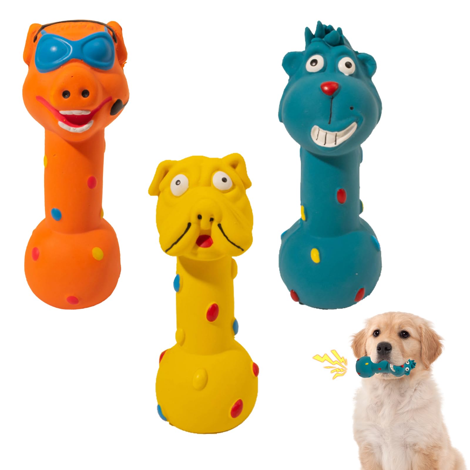 Fadcaer 3 Pcs Dog Latex Toy,Squeaky Dog Toys for Small Dogs,Puppy Interactive Rubber Squeak Toys Soft Bouncy Fetch Play Toy Dog Chew Toy for Reduce Boredom & Teeth Cleaning(Barbell)