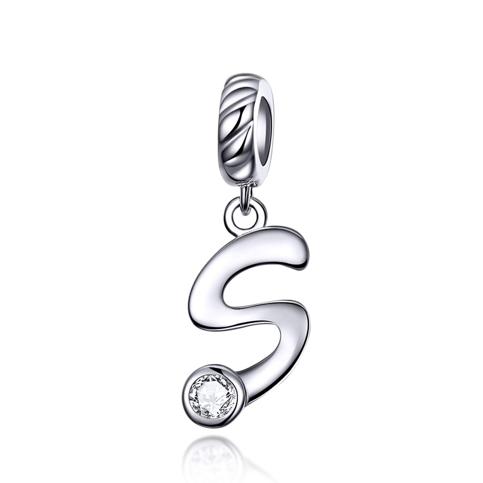 LaMenars Letter Dangle Bead Charms Initial Alphabet A-Z 925 Sterling Silver Zirconia fits European Charm Bracelets & Necklaces (Letter S)