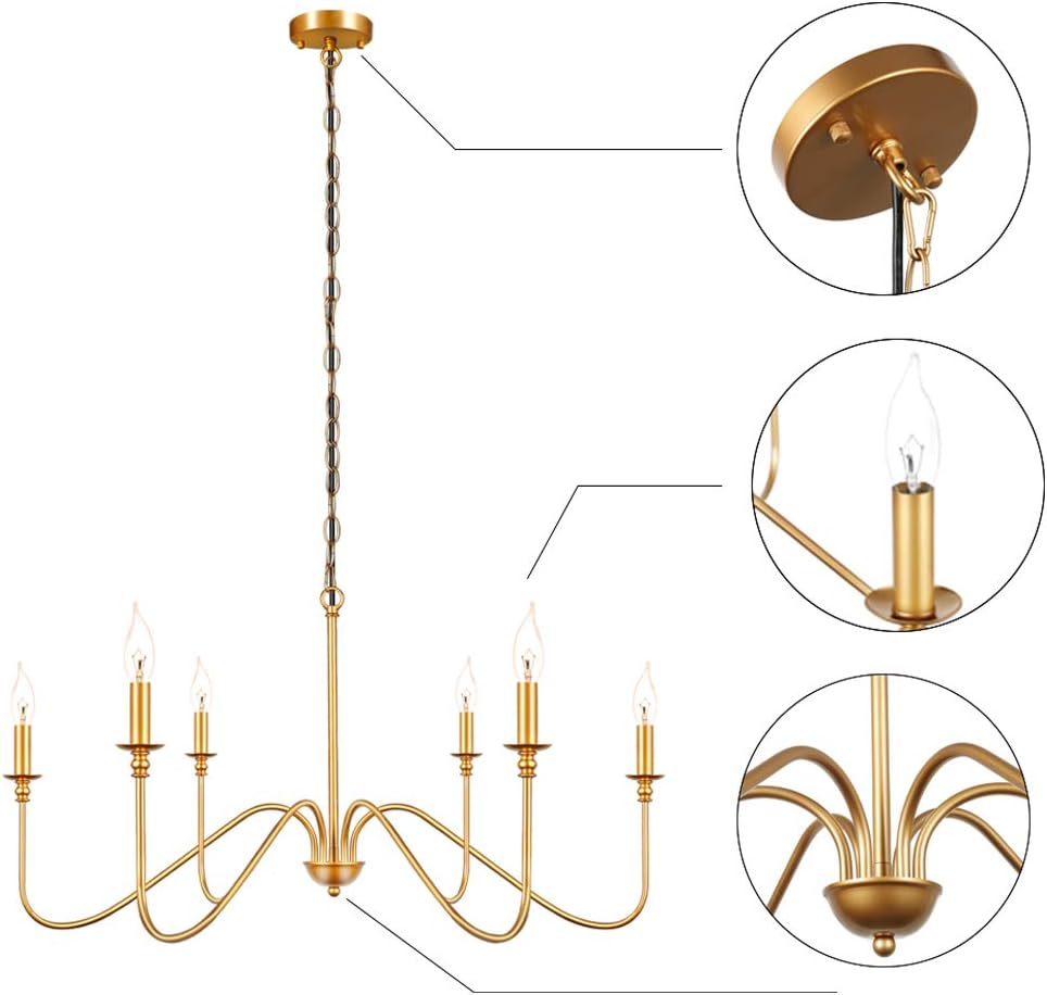 T&A Glod 6-Light Chandeliers, Classic Candle Ceiling Pendant Light Fixture, Wrought Iron Brass Farmhouse Chandelier Kitchen Island Dining Room Living Room - - 