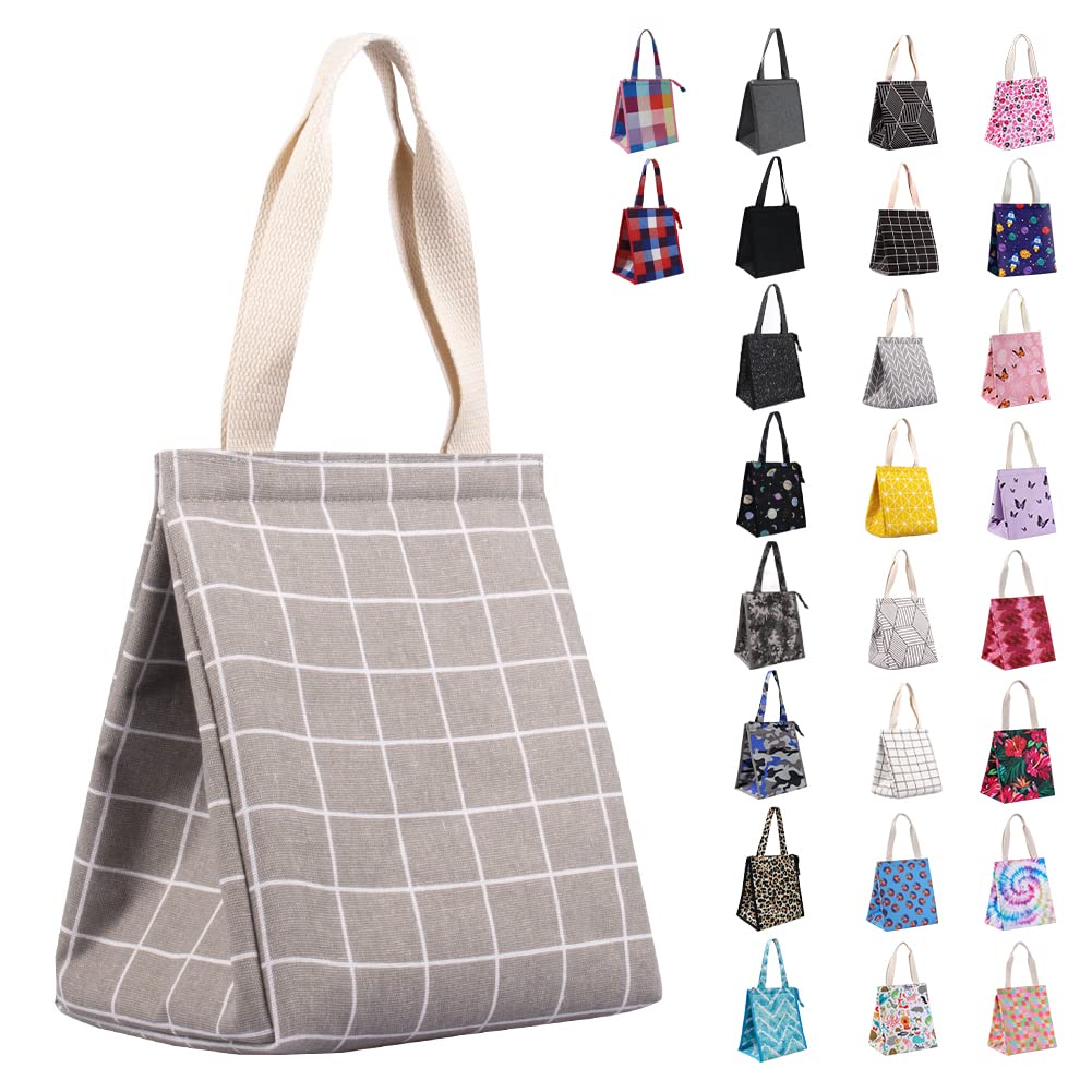 iknoe Insulated Lunch Bag for Women & Adults, 9L Foldable Wide-Open Cooler Bag with Pockets, Leakproof & Portable, for Picnic, Office, Beach(Gray grid) — image 1