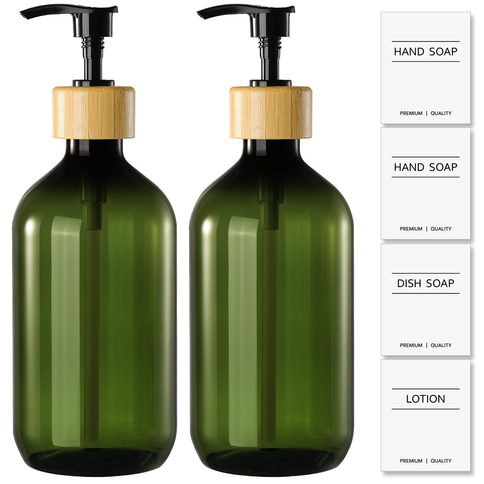 KASUNTING Green Soap Dispenser, Plastic Bathroom Soap and Lotion Dispenser Set with Bamboo Pump, 2 Pack 17 Fl Oz Hand and Dish Soap Dispensers Set for Bathroom, Refillable Liquid Soap Bottles