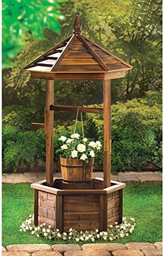 GHP Rustic Fir Wood Bucket Planter Yard Garden Lawn Wooden Wishing Well