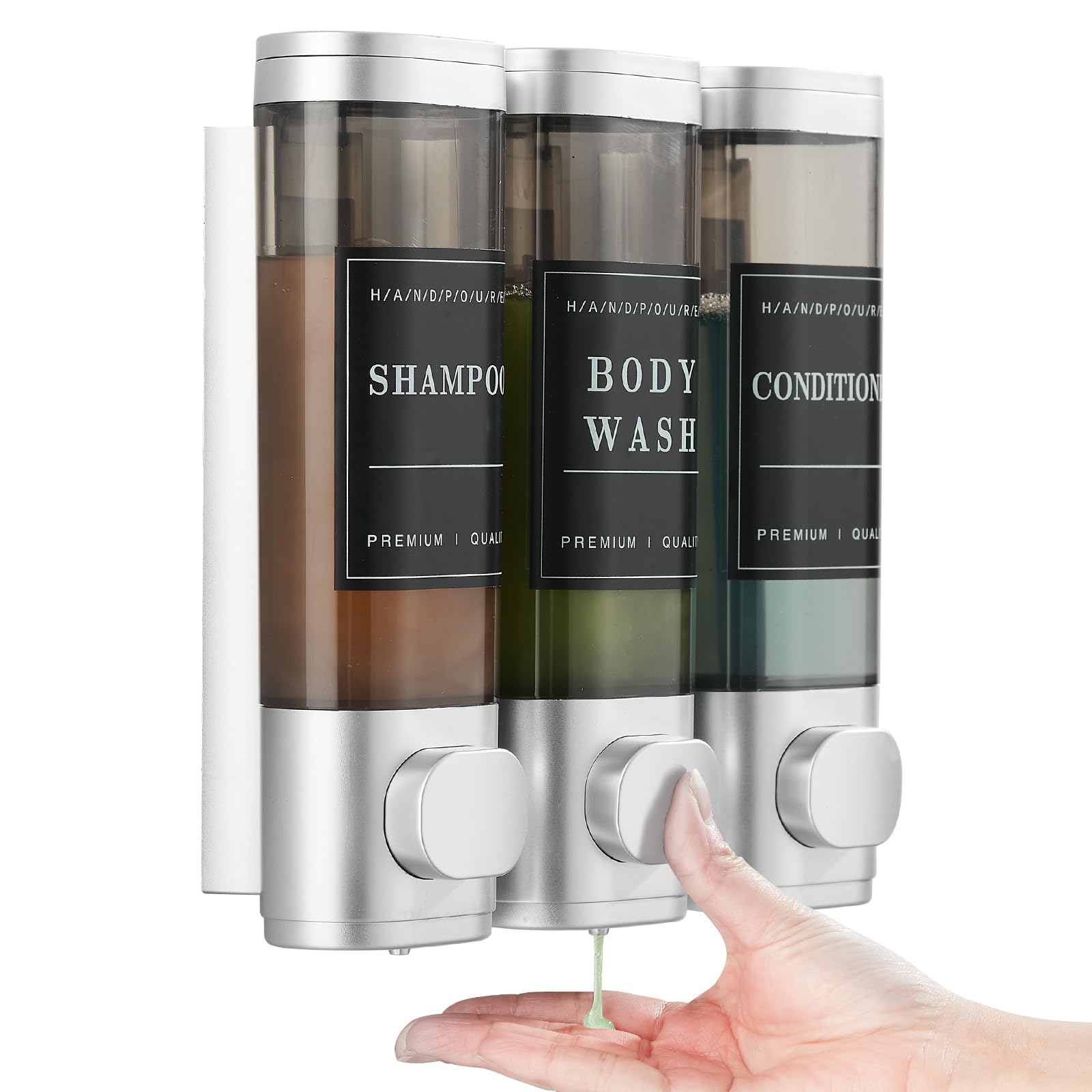 Shampoo & Conditioner Dispenser, Shower Dispenser 3 Rooms No Drilling, Wall Mounted Shampoo Dispenser for Shower, Wall Mounted, Shower Dispenser for Bathroom, Hotel, Kitchen, Large Capacity,