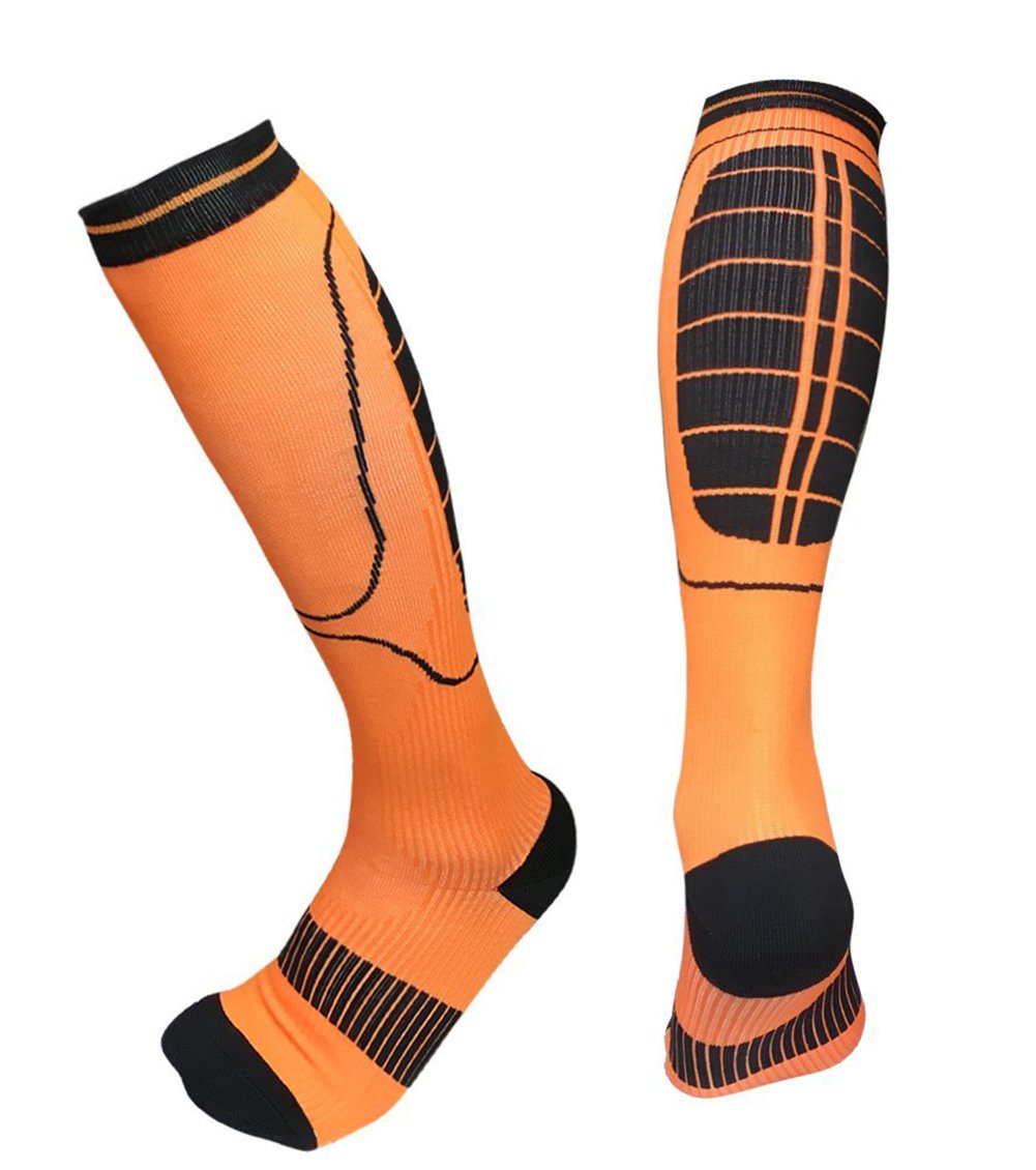 Compression Socks Men and Women, Qhui Graduated Athletic Sport Socks for Running, Medical, Nursing, Athletic, Crossfit, Flight Travel (Orange-L)