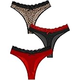 BEAUDRM Women's 3 Pack Thongs Sets Leopard Print Lace Trim Low Rise Panties Seamless Bow Briefs Thong Underwear