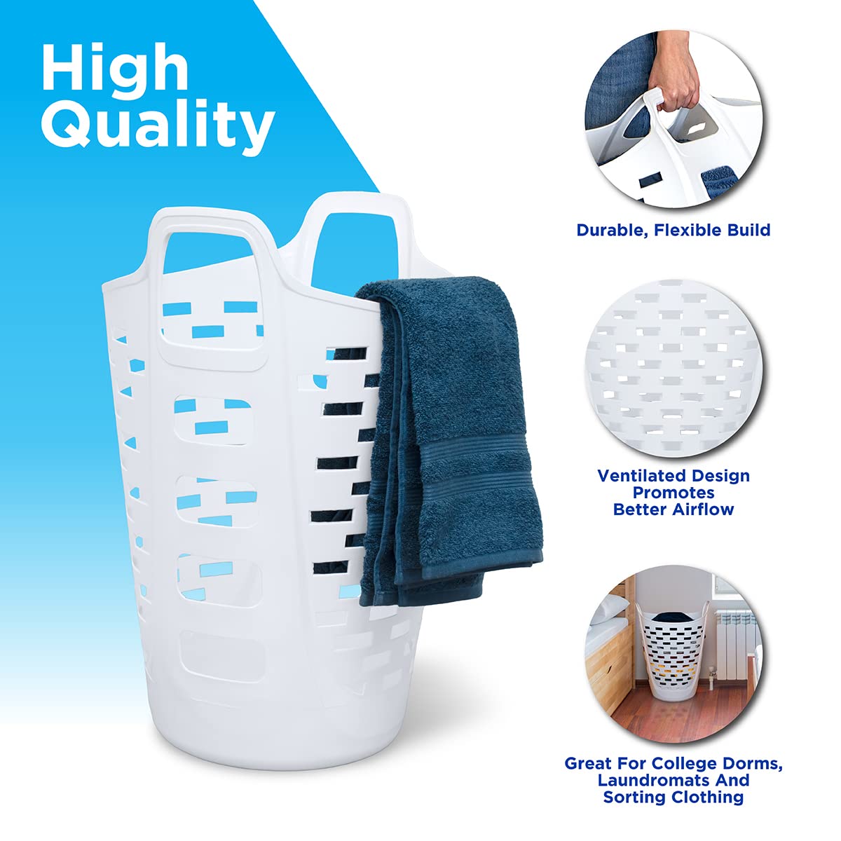 Clorox Flexible Laundry Basket - Tall Plastic Hamper for Clothes, Bedroom, and Storage - Portable Round Bin with Carry Handles, 2 Bushel, White