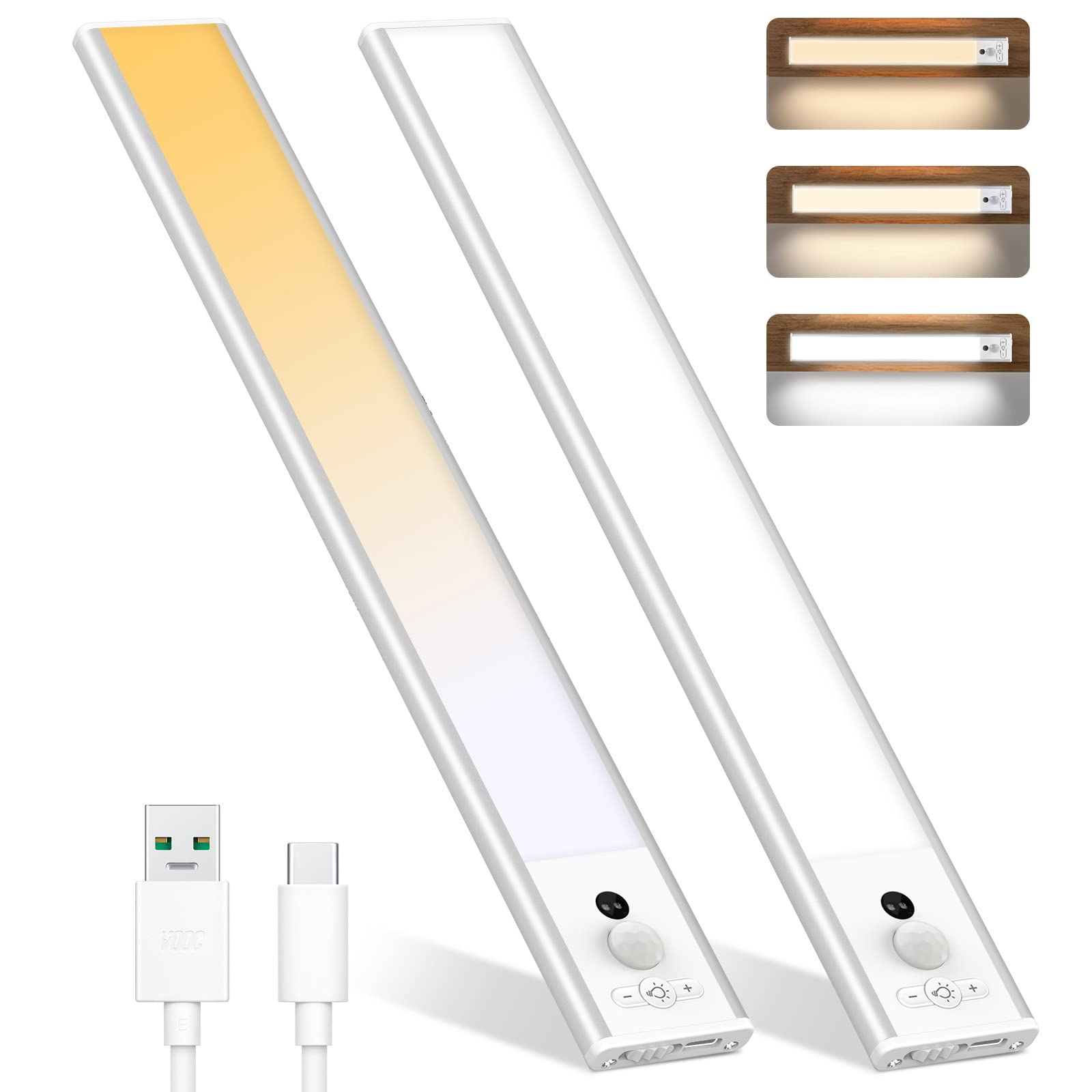 pinci 30CM Under Cabinet Kitchen Lights, 2Pack Wardrobe Lights Motion Sensor with Magnetic, 3 Adjustable Color Temperatures, USB Rechargeable Light Suitable for Stairs, Wardrobes, Kitchens, Garages