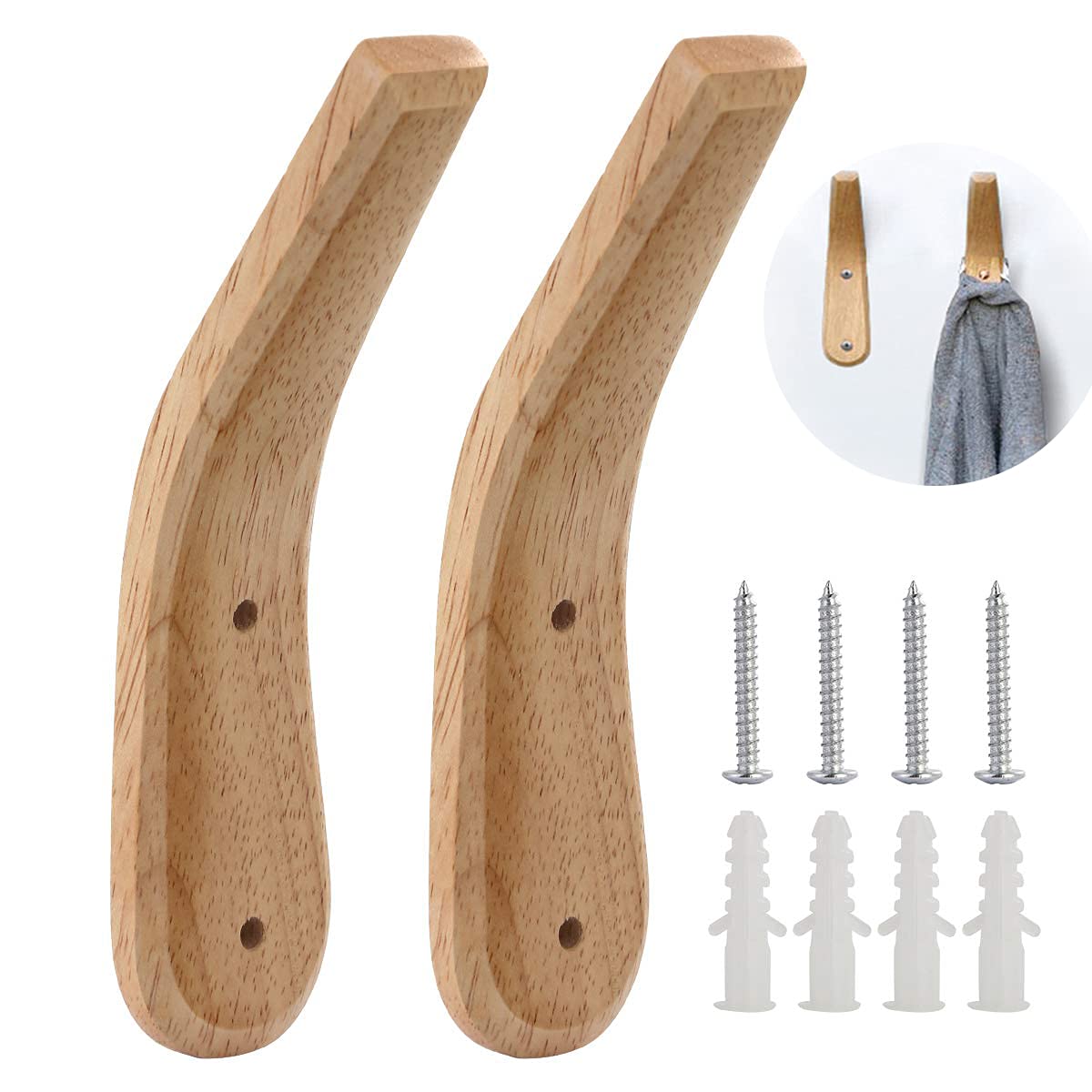 SOONHUA Wooden Coat Hooks,2-Pack Wooden Hook,Wall Mounted Clothes Hooks Coat Pegs Natural Beech Wood Hooks Hat Towel Organizer Hanger for Bedroom,Entryway,Kitchen,Bathroom