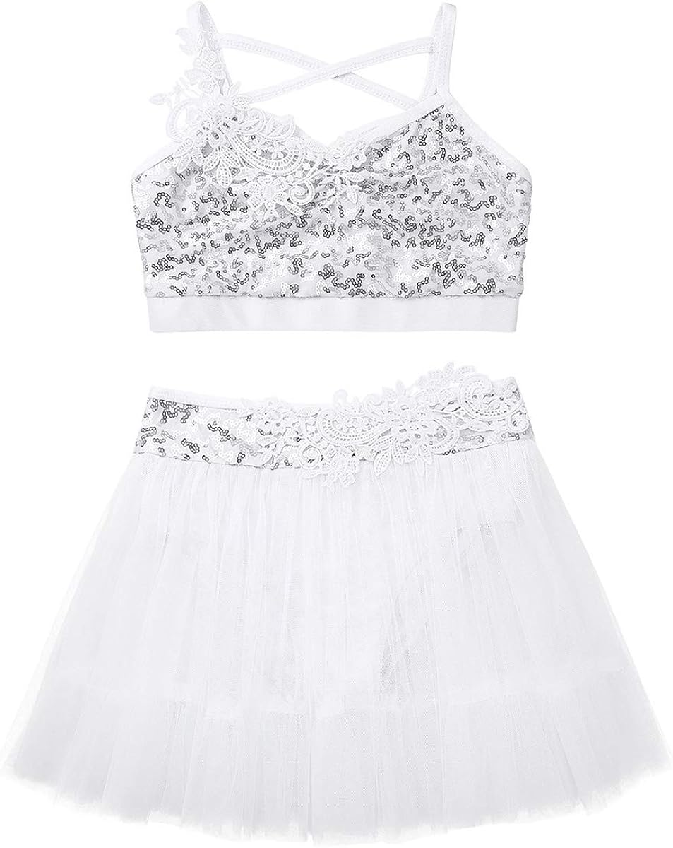 CHICTRY Kids Girls 2-Piece Flower Applique Tutu Skirt Top Set for Gymnastics Ballet Dancing or Swimming: Clothing