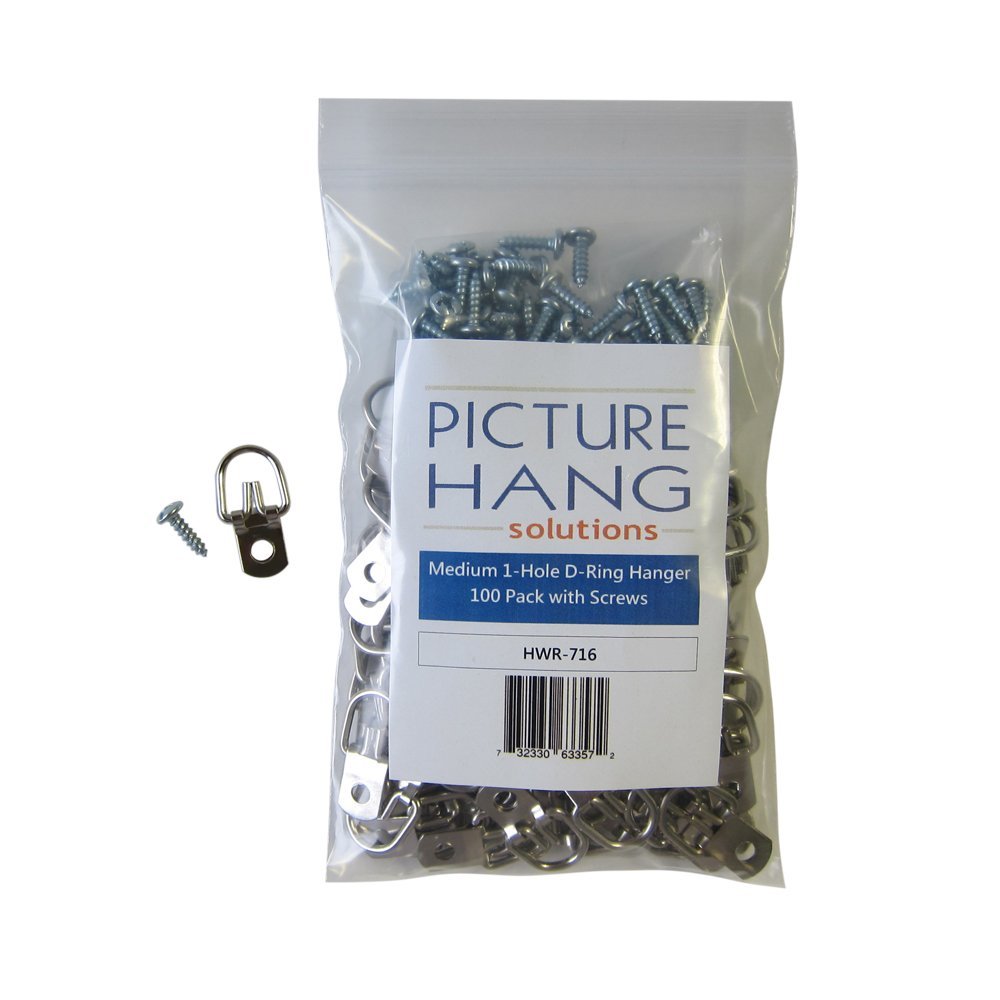 D Ring Picture Hangers with Screws - 100 Pack - Bulk D Rings - Pro Quality Hangers, Picture Hanging Hardware, Dring, Small D Ring Picture Hangers - Picture Hang Solutions.