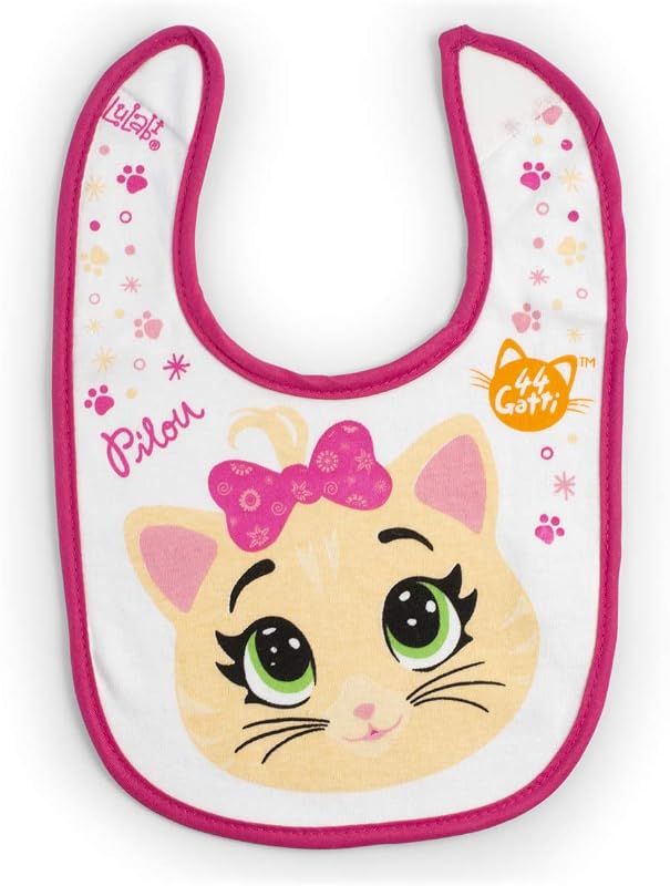 44 GATTI GIRL - 3er-Set aus Babylätzchen, 100% aus weicher Baumwolle mit "44 Katzen" Aufdruck, Lätzchenpackung, Klettverschluss, hypoallergen, wiederverwendbar, unisex, 19 x 17 cm - Bunt