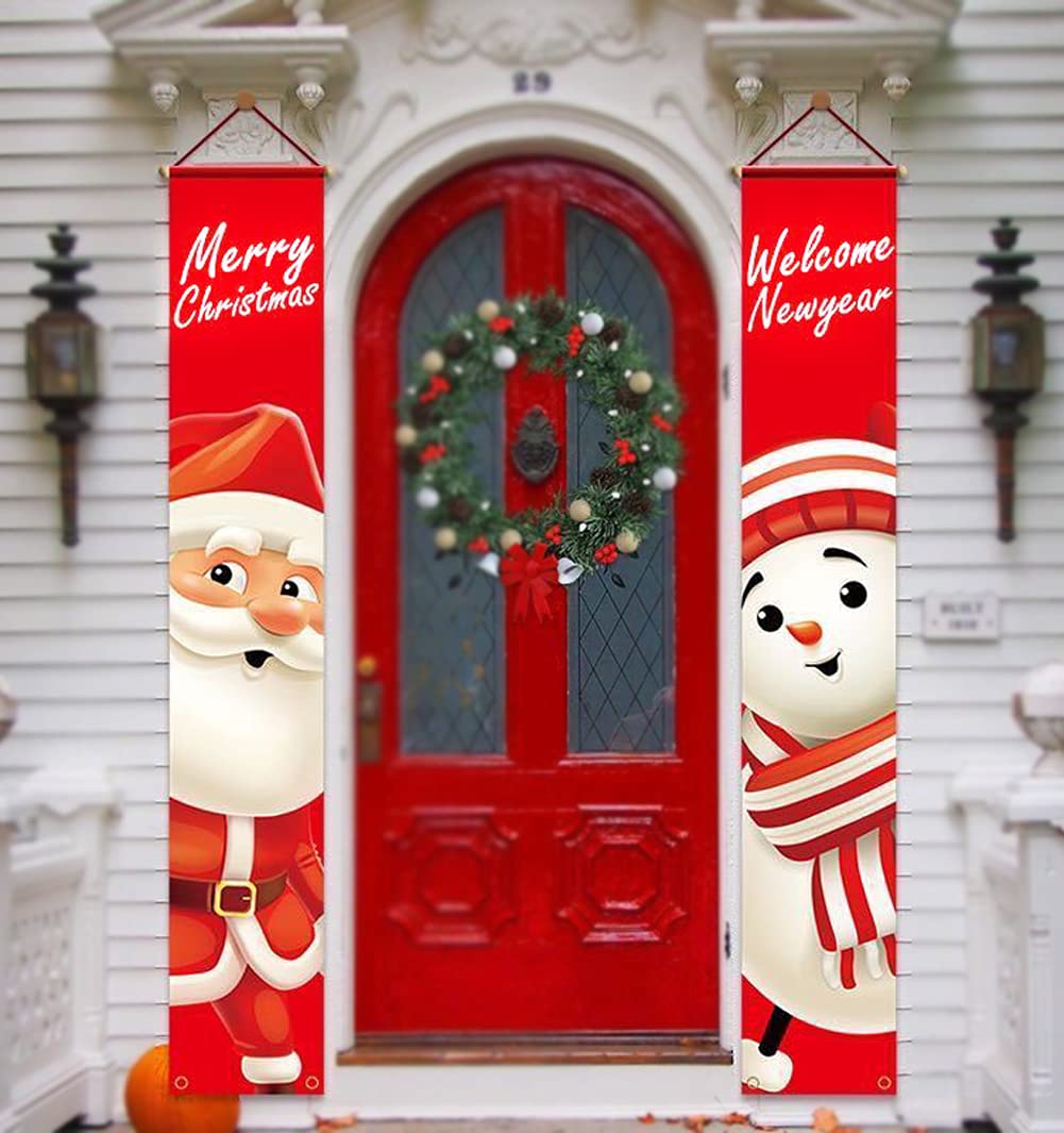 Merry Christmas Porch Sign with Santa Claua & Snowman Hanging Xmas Happy New Years Welcome Banners Couplet for Holiday Home Wall Front Door Garden Yard Xmas Party Decoration