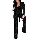 LightlyKiss Women Casual Sexy V Neck Sparkly Jumpsuits Long Sleeve Onesie Loose Pants Party Clubwear with Belt