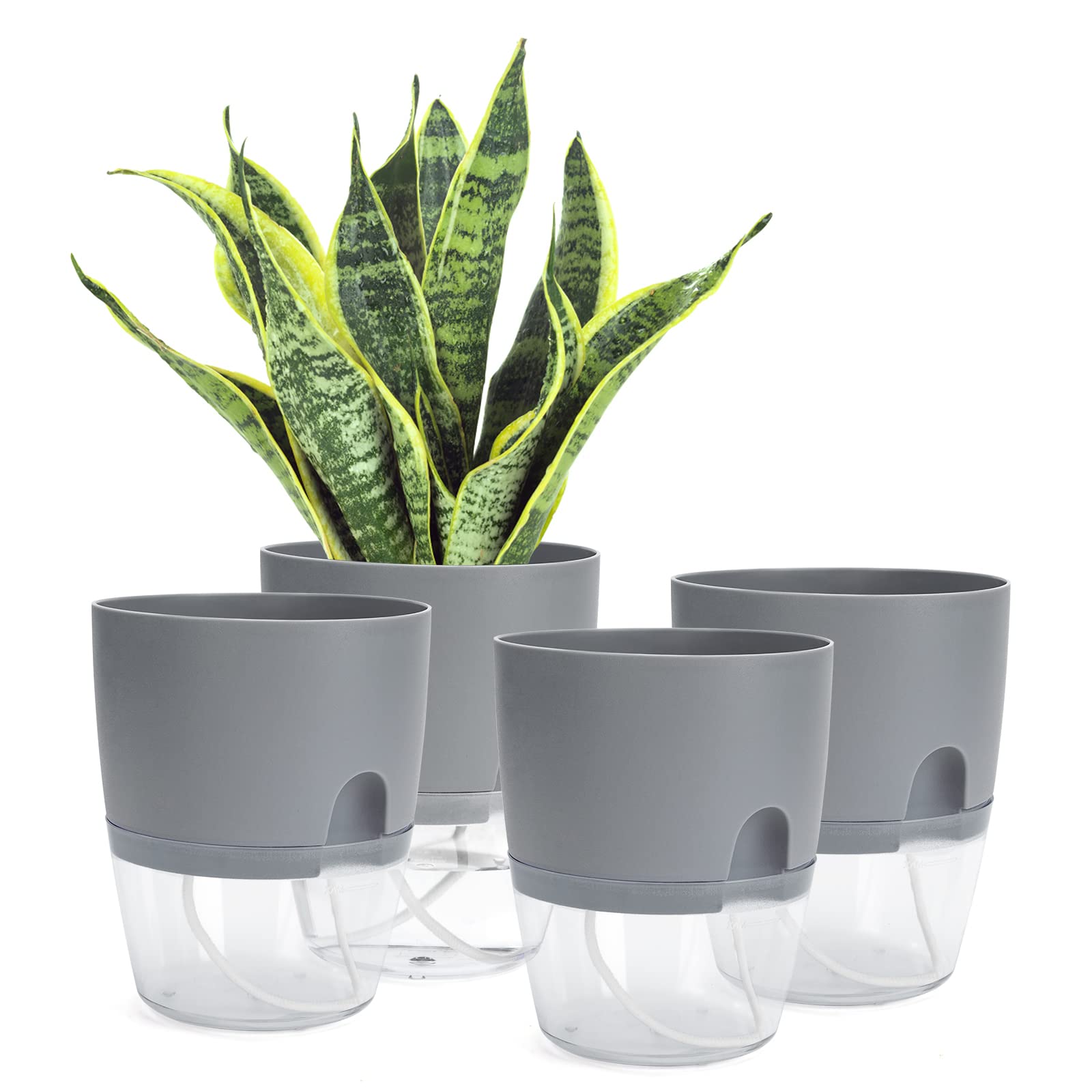 Johotone Self Watering Plant Pots Indoor Plastic Plant Pot Water Storage Modern Decorative Planter for Garden House Plants Flowers Grey 4 Pcs 6 * 7.1 Inch