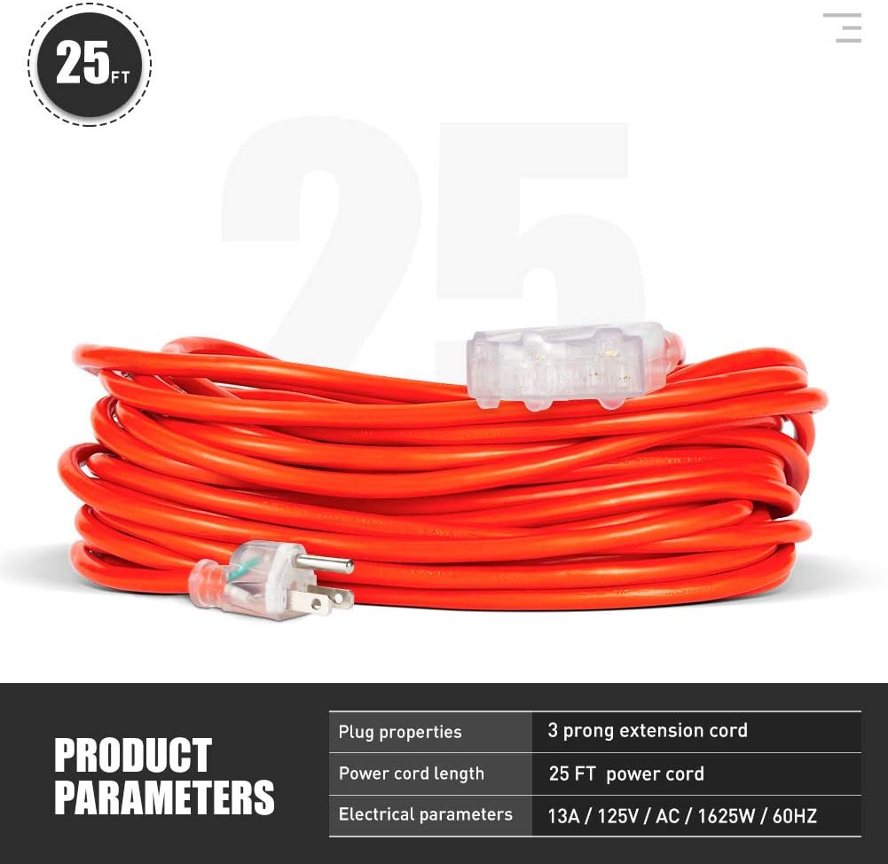 Extension Cord Outdoor 3 Prong 25 FT - 16/3 SJTW 3 Grounded Outlets Lighted Extension Cord Weatherproof Heavy Duty Flexible Extension Cable for Universal Use Household/Indoor/Outside Usage ETL Listed - - 