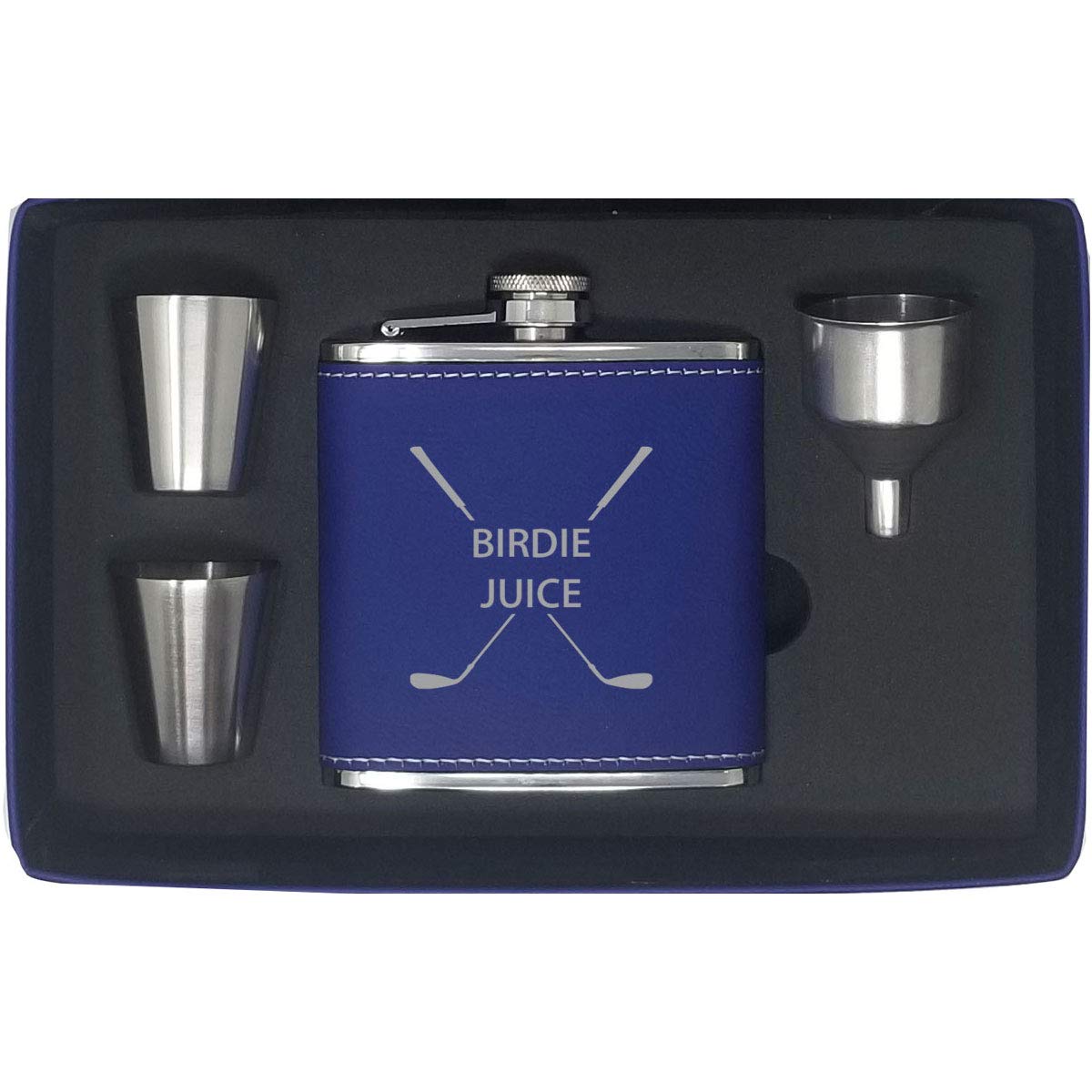 Birdie Juice Flask, Funnel, Shot Glasses, and Gift Box - Golfing Birdie Juice Hip Stainless Steel Leatherette Metal Matte 6-Ounce Golf Bag Flask (Blue)