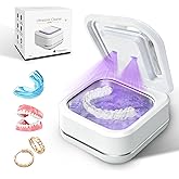 Ultrasonic Retainer Cleaner for Aligners, Mouth Guards & Dentures, 42kHz Compact Ultrasonic Denture Cleaner with Digital Timer, Portable Dental Cleaner for Home & Travel (White)