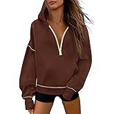 Fisoew Womens Half Zip Hoodies Casual Long Sleeve Oversized Fall Sweatshirts Contrast Stitch Loose Pullover Tops