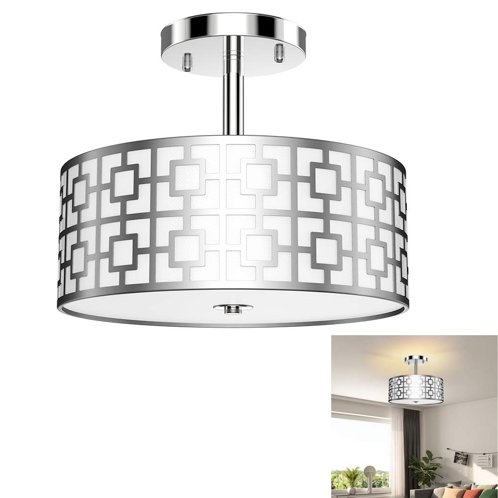 DLLT Semi Flush Mount Ceiling Light, 3-Lights Modern Entry Light Fixture Ceiling Hanging with Drum Shade for Bedroom, Dining Room, Kitchen, Hallway, Entry, Foyer, Living Room, Rushed Chrome Finish