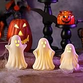 Halloween Ghost Decorations - 3 Pcs Ceramic Ghost with Timer Light Up | Cute White Ghost Figurine, Halloween Table Decorations for Indoor Home, Battery Operated LED Ghosts for Shelf Mantel