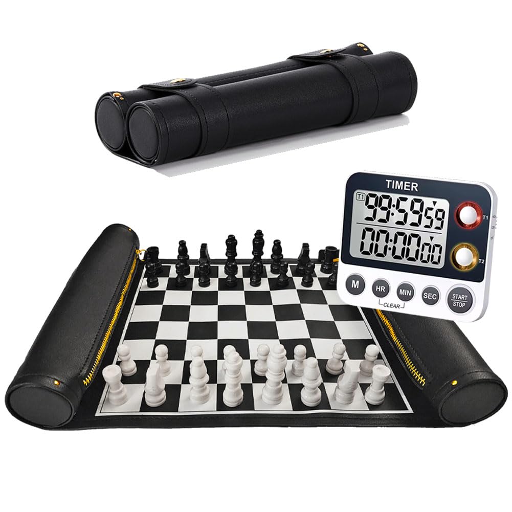 Photo 1 of Edgell House Roll Up Chess Set Portable Includes Travel Chess Mat with Chess Board Pieces and Dgt Chess Timer Clock All in one Portable Chess Equipment Gift Set