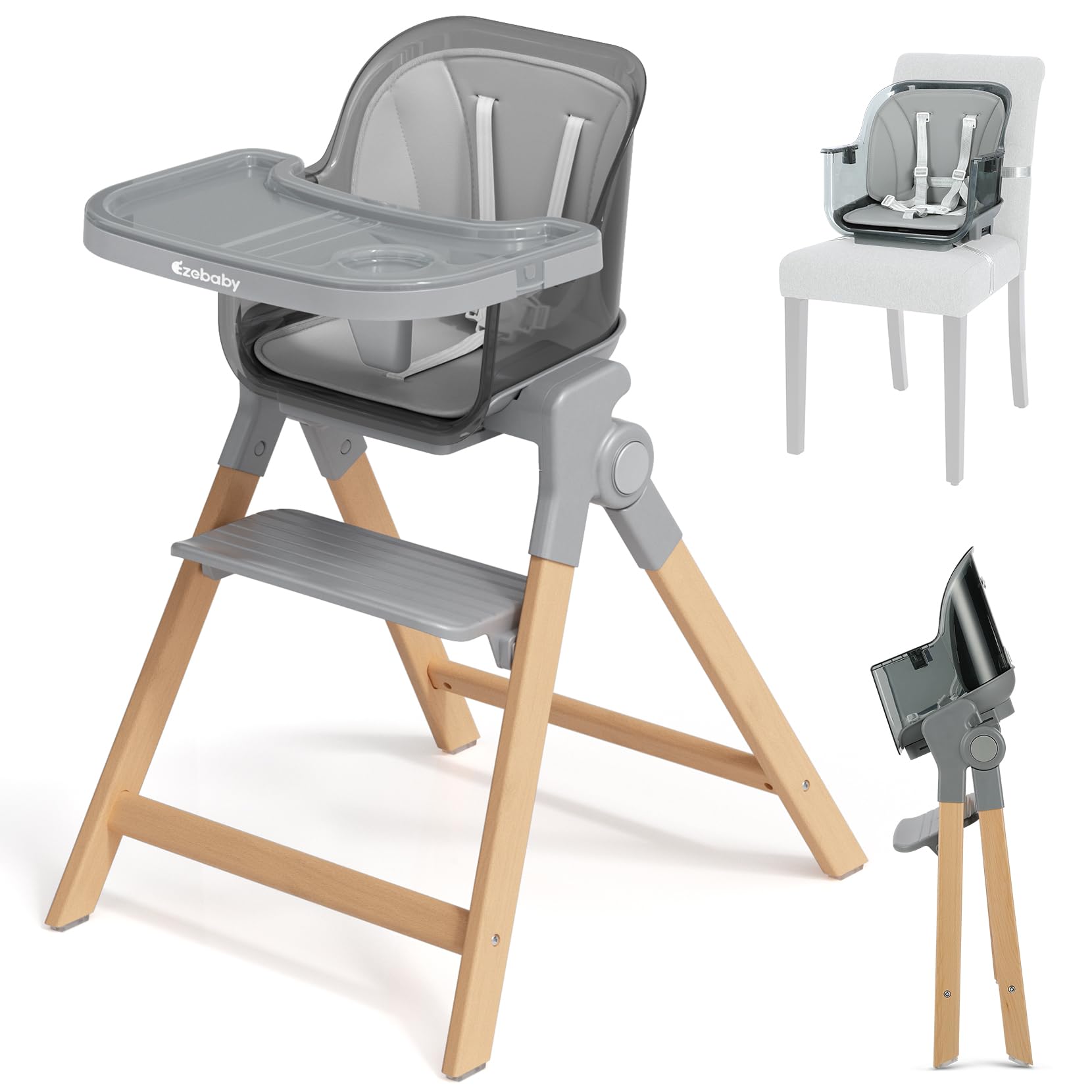 Ezebaby Foldable Wooden High Chairs, 3-in-1 Convertible Baby High Chair, Dining Booster Seat, Toddler Chair, Easy Clean High Chairs for Babies and Toddlers with Large Adjustable Tray- Transparent Gray