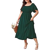 SCOMCHIC Women's Plus Size Summer Dress Casual Short Sleeve Scoop Neck Maxi Dress Smocked Ruffle Boho Flowy Long Dresses