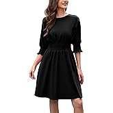 Summer Dresses for Women 2025 Casual 3/4 Sleeve Smocked Dress Crew Neck Elastic Waist A-Line Knee Length with Pocket