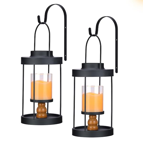 METAL WALL SCONCE CANDLE LANTERN SET OF 2 – BLACK WALL MOUNTED WOOD AND METAL HANGING HOLDER WITH GLASS & CANDLES VINTAGE WALL DECOR FOR PORCH, LIVING ROOM, DINING ROOM, BEDROOM INDOOR DECOR