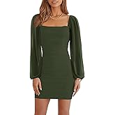 Ofenbuy Women's Mesh Long Sleeve Dress Square Neck Ruched Mini Bodycon Dress Stretch Party Cocktail Dresses