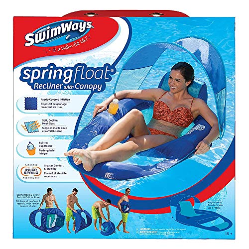 SwimWays Spring Float Recliner with Removable Canopy Swim Lounger for Pool or Lake, Blue