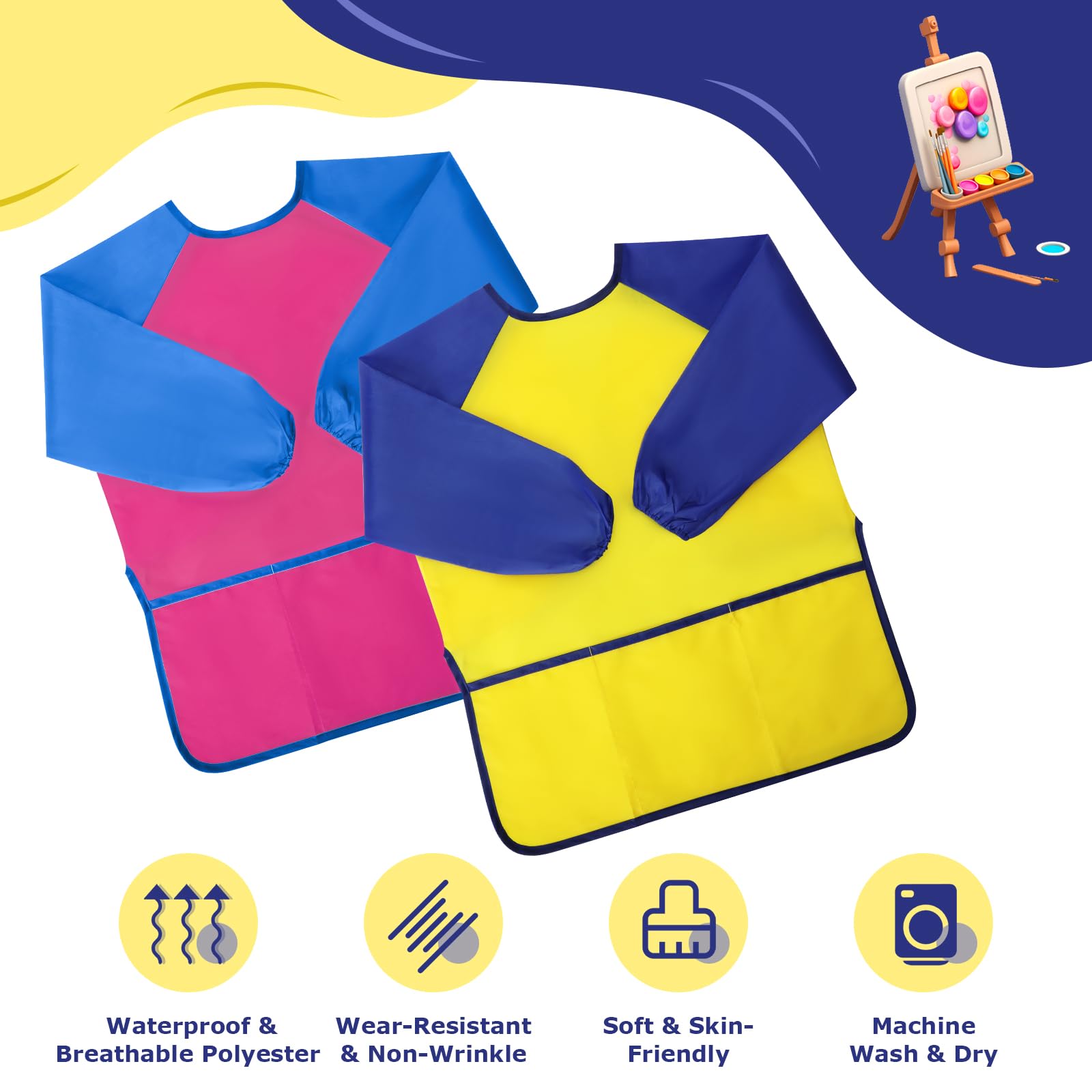 Kids Painting Apron 2 Pack, Waterproof Toddler Art Smock, Artist Smock for Kids Age 2-8 with Long Sleeve and 3 Pockets