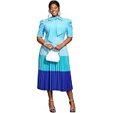 AOMEI Women's Colorblock Bowtie Neck Half Sleeve Pleated A-Line Midi Dress