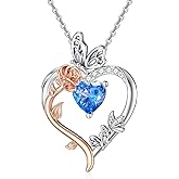 TOUPOP Rose Heart Birthstone Necklace 925 Sterling Silver Heart Butterfly Pendant Love Jewelry Birthday Christmas Gifts for Women Her