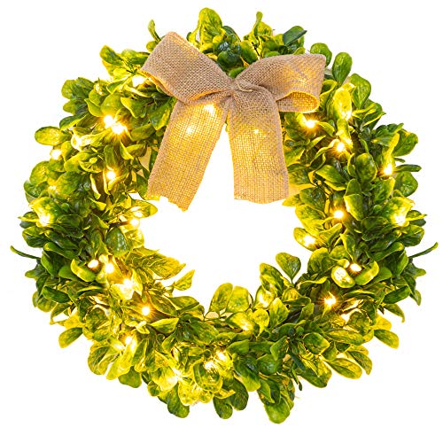 FUNPENY Artificial 16 Inch Christmas Wreath, Prelit 40 LED Evergreen