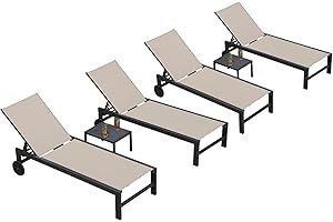 PURPLE LEAF Outdoor Chaise Lounge with Wheels for Outside 4 Pieces Aluminum Patio Lounge Chair with 5 Adjustable Position Recliner for Patio, Beach, Yard, Pool, Side Table Included, Beige