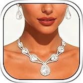 Sixexey Bridal Wedding Jewelry Set Silver Rhinestone Crystal Necklace Earrings Sparkly Prom Costume Neck Jewelry for Women