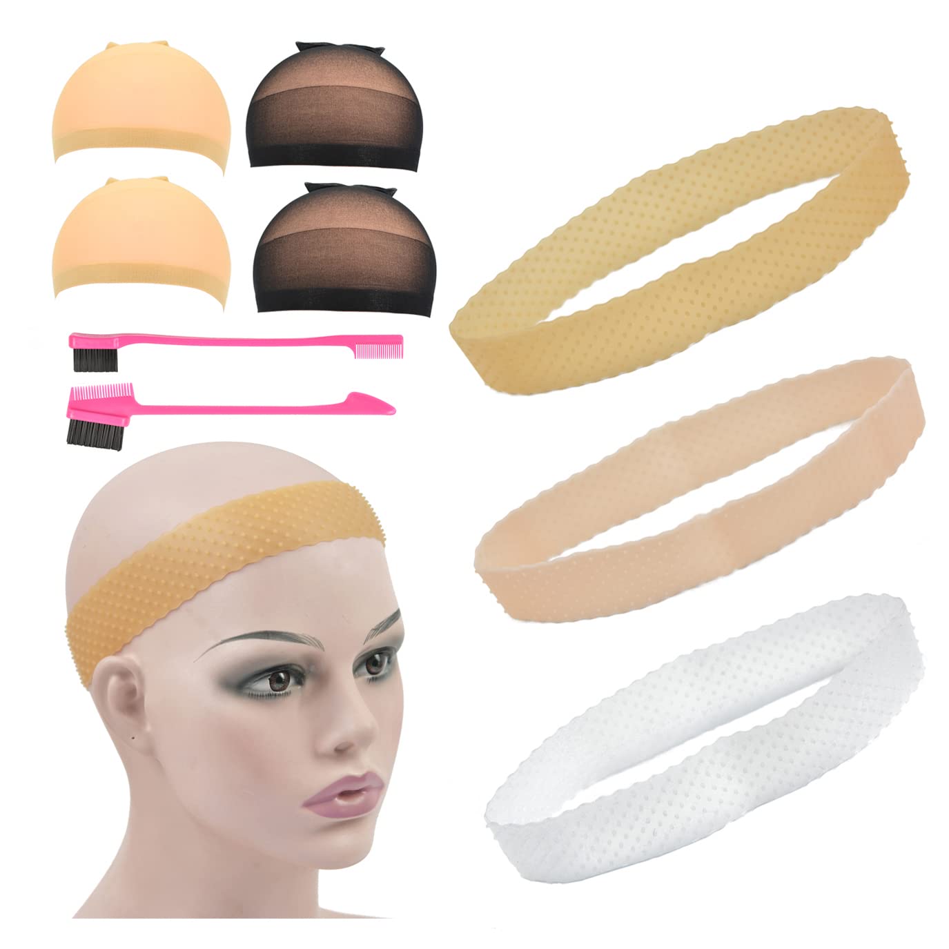 3 Pcs Silicone Wig Grip Band Non-slip Elastic Headband and 4 Pcs Wig Stocking Caps for Keeping Wigs Fix Accessories in Place (Mixing)
