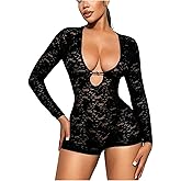 OYOANGLE Women's Long Sleeve Low Cut Floral Lace Romper Y2K Going Out Skinny Short Jumpsuits