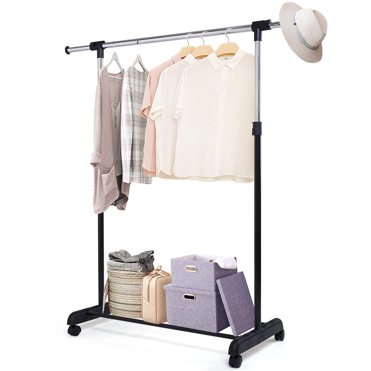 CASART Adjustable Garment Rack, Single/Double Rolling Clothes Organizer with Wheels, Rail Mobile Storage Clothing Stand for Home and Office (Single Rail)