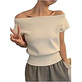 WDIRARA Women's Off The Shoulder Tops Casual Short Sleeve Tunic T Shirts Lightweight Knit Sweaters