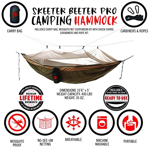 Grand Trunk Skeeter Beeter Pro Mosquito Hammock - Portable and Packable Camping Hammock with Mosquito Net and Suspension Kit - Olive Green/Khaki