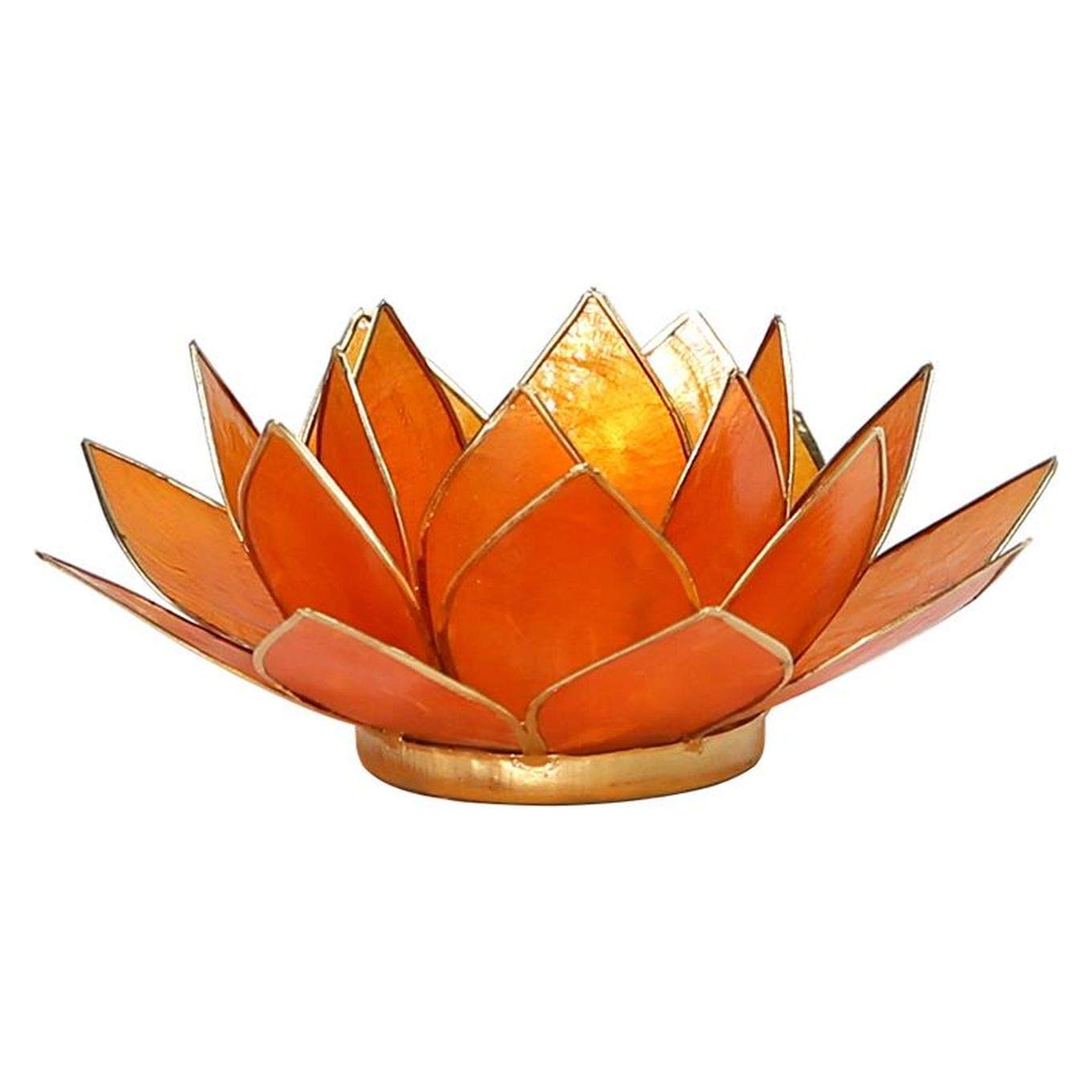 Lotus Shaped Tea Light Candle Holder Made of Capis Shell and edged in Gold coloured metal. Lotus is finished in Orange (Tea.light candle not included)