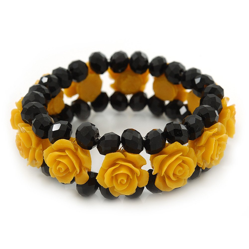 Avalaya Romantic Yellow Resin Rose, Black Glass Bead Flex Bracelet - 19cm Length