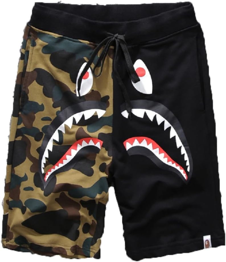 Athletic Pants Shark Pattern Camouflage Stitching Shorts Men Drawstring Sports Shorts