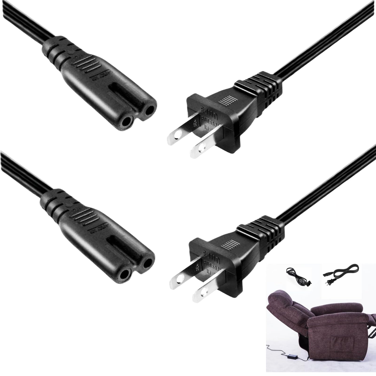 Photo 1 of ?2PCK? 6 Feet AC Power Cord for Lift Chair or Power Recliner, Replacement Power Supply Cable for Okin Limoss Lazboy Pride Catnapper