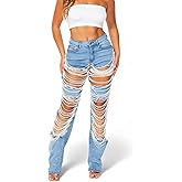 lovecarnation Cut Out Jeans for Women Straight Leg Mid Waisted Ripped Rhinestone Pearl Beaded Denim Pants