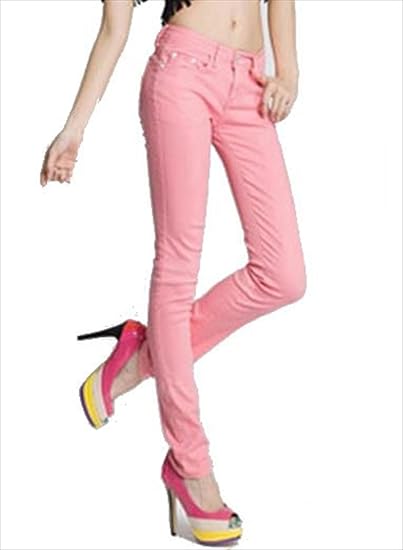 Amazon 美脚 ストレッチ デニム カラー パンツ レディース 10分丈 オールシーズン スリム パンツ 美シルエット カラーバリエーション豊富 小さい 大きい サイズ ピンク 27 Lサイズ ジーンズ 通販