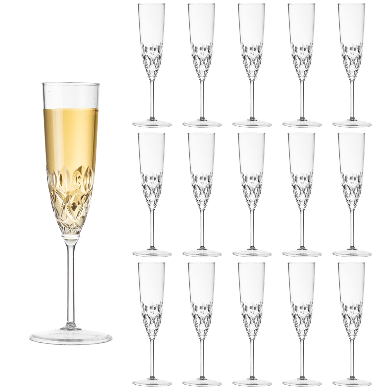 Photo 1 of 16 Pack Plastic Champagne Flutes, Shatterproof Reusable Fancy Crystal Clear Champagne Glasses, 5 oz Acrylic Unbreakable Elegant Party Drinking Cocktail Wine Glasses Wedding Birthday Bar Goblets