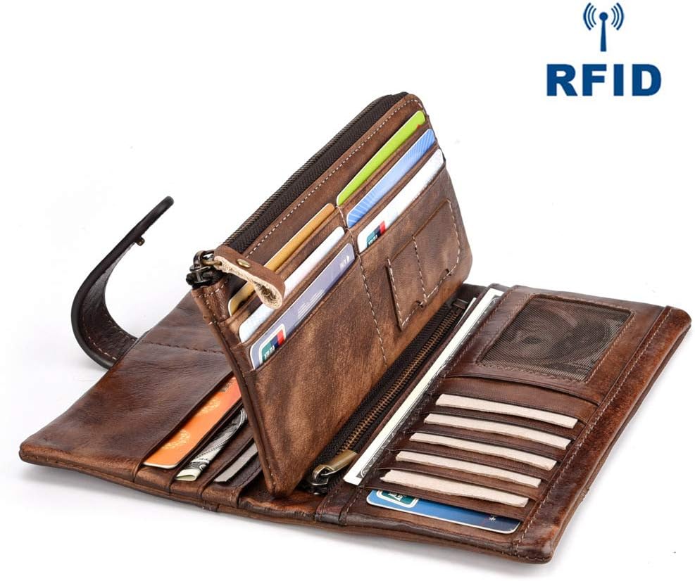 LETEULO Woman's RFID Wallet Leather Card Holder with Zipper Splicing Retro Style Coffee - Image 4